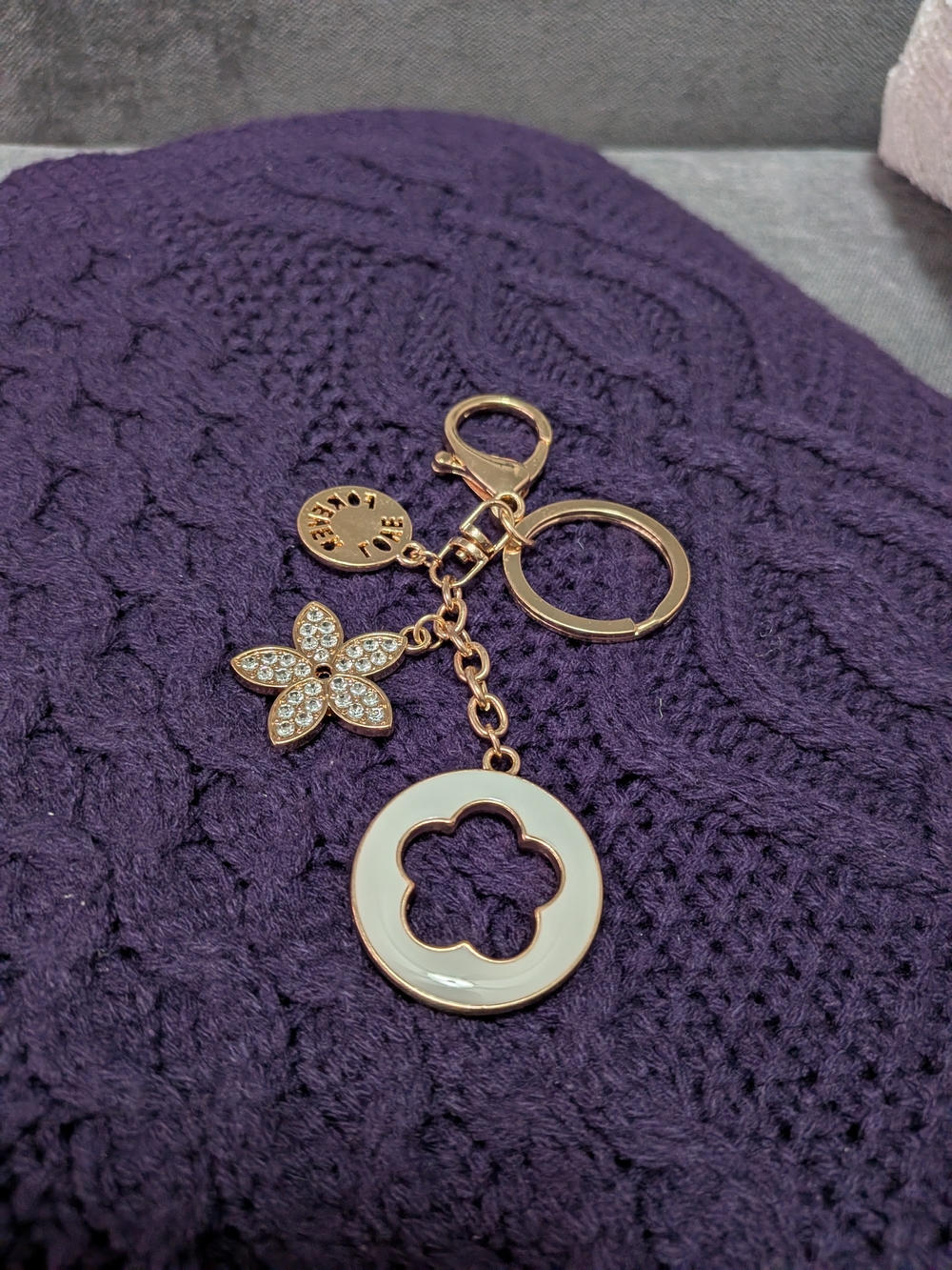 Gold-Tone White Enamel Clover Keychain with Crystal Flower Charm
